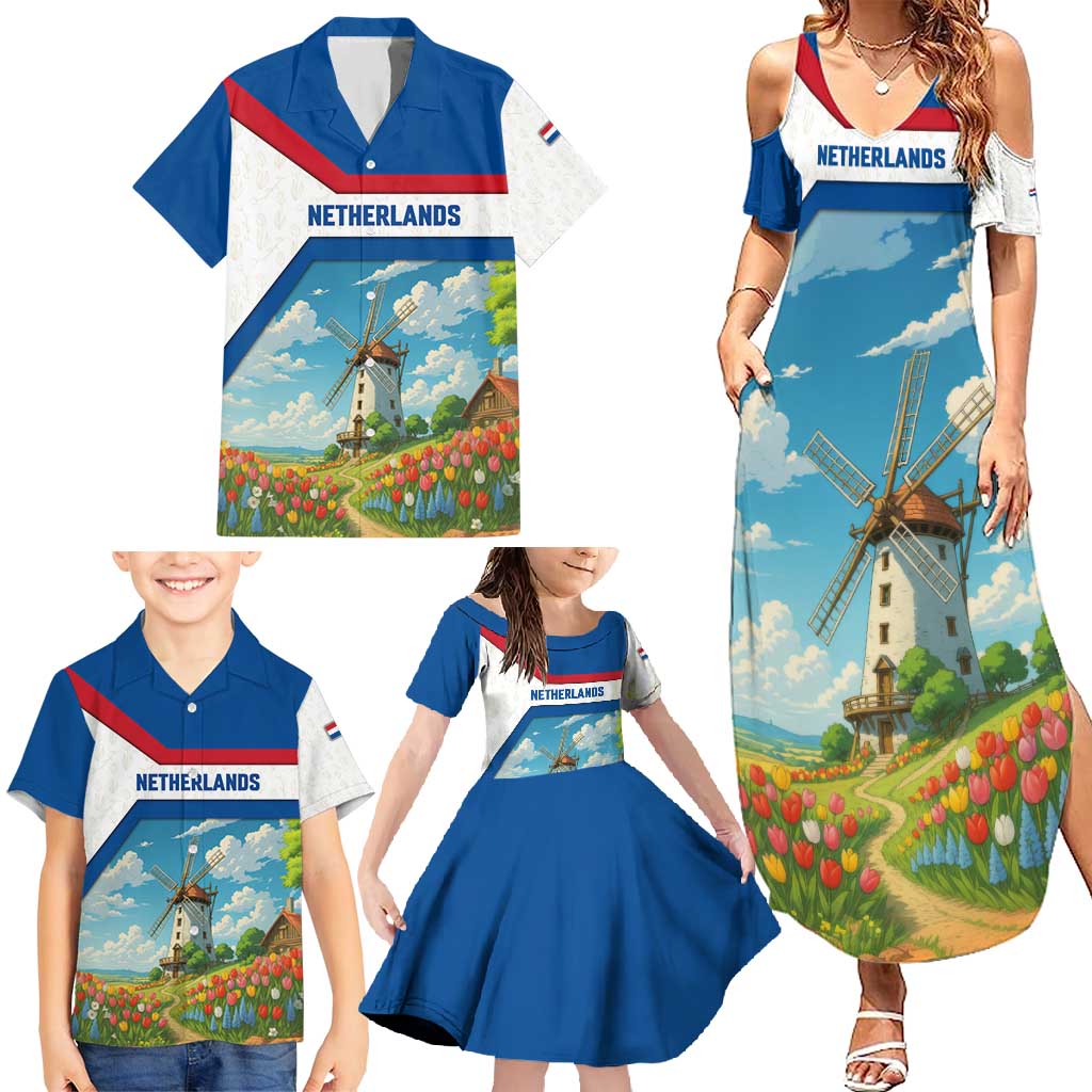 Netherlands Family Matching Summer Maxi Dress and Hawaiian Shirt Dutch Windmill and Tulip Field Landscape in National Flag Colors - Wonder Print Shop