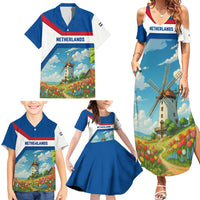 Netherlands Family Matching Summer Maxi Dress and Hawaiian Shirt Dutch Windmill and Tulip Field Landscape in National Flag Colors - Wonder Print Shop