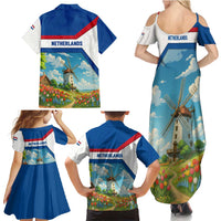 Netherlands Family Matching Summer Maxi Dress and Hawaiian Shirt Dutch Windmill and Tulip Field Landscape in National Flag Colors - Wonder Print Shop