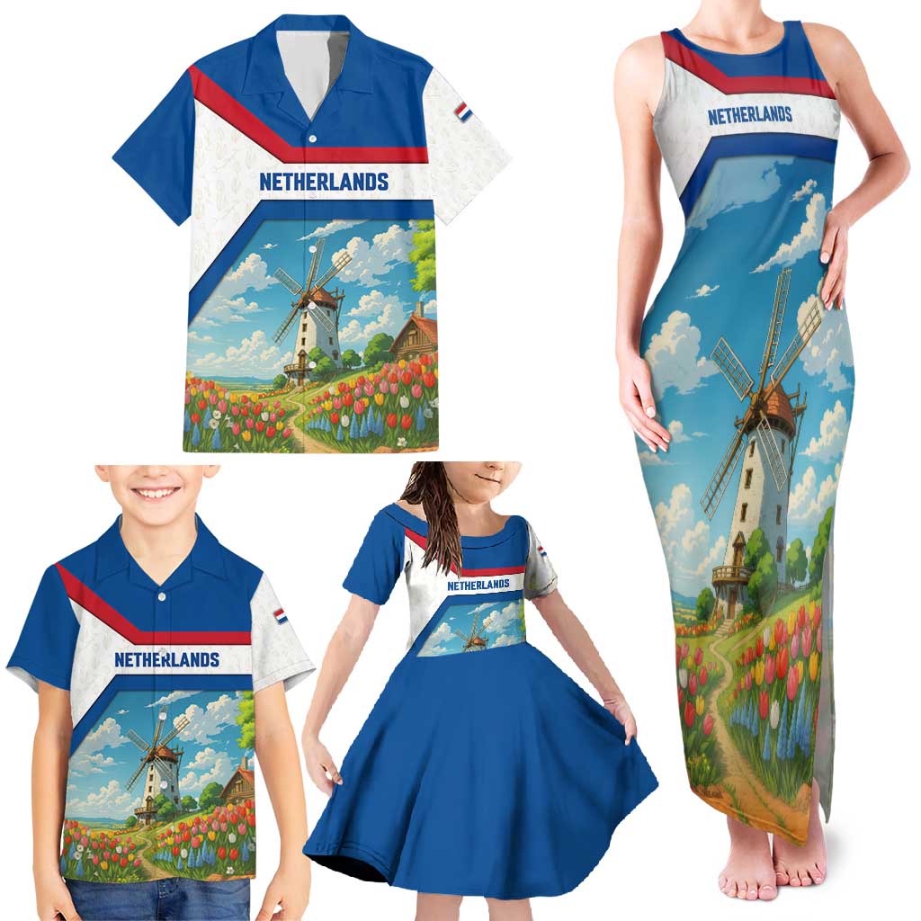 Netherlands Family Matching Tank Maxi Dress and Hawaiian Shirt Dutch Windmill and Tulip Field Landscape in National Flag Colors - Wonder Print Shop