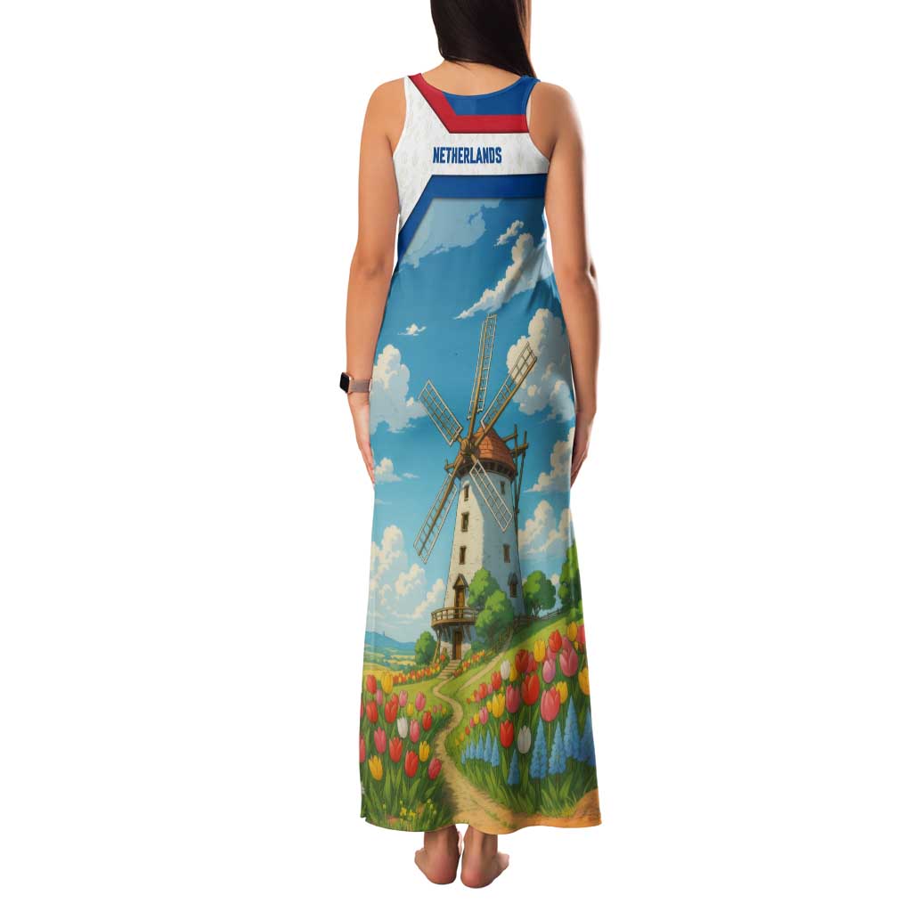 Netherlands Family Matching Tank Maxi Dress and Hawaiian Shirt Dutch Windmill and Tulip Field Landscape in National Flag Colors - Wonder Print Shop