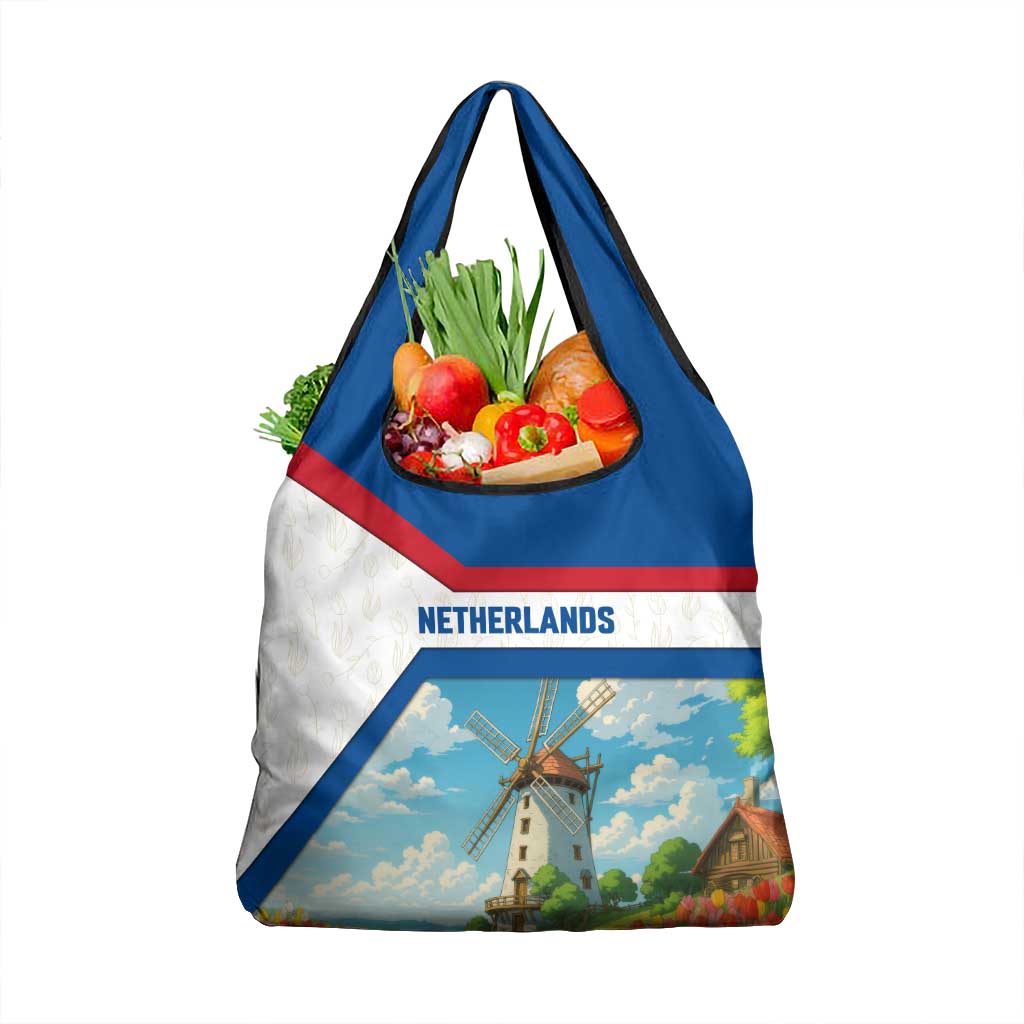 Netherlands Grocery Bag Dutch Windmill and Tulip Field Landscape in National Flag Colors - Wonder Print Shop