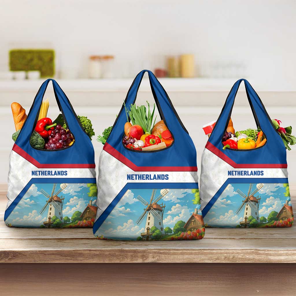Netherlands Grocery Bag Dutch Windmill and Tulip Field Landscape in National Flag Colors - Wonder Print Shop