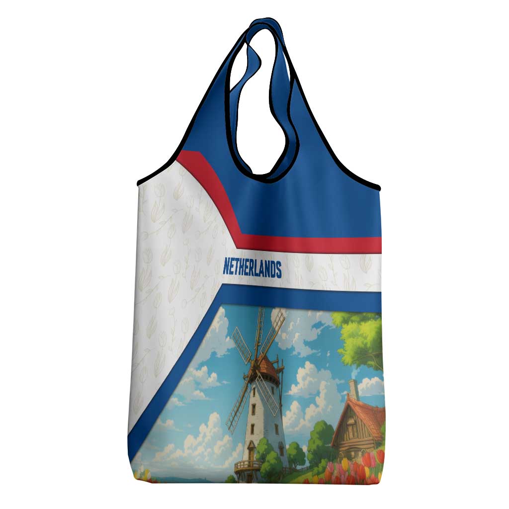 Netherlands Grocery Bag Dutch Windmill and Tulip Field Landscape in National Flag Colors - Wonder Print Shop