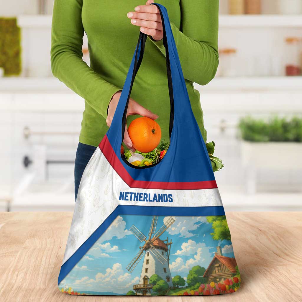 Netherlands Grocery Bag Dutch Windmill and Tulip Field Landscape in National Flag Colors - Wonder Print Shop