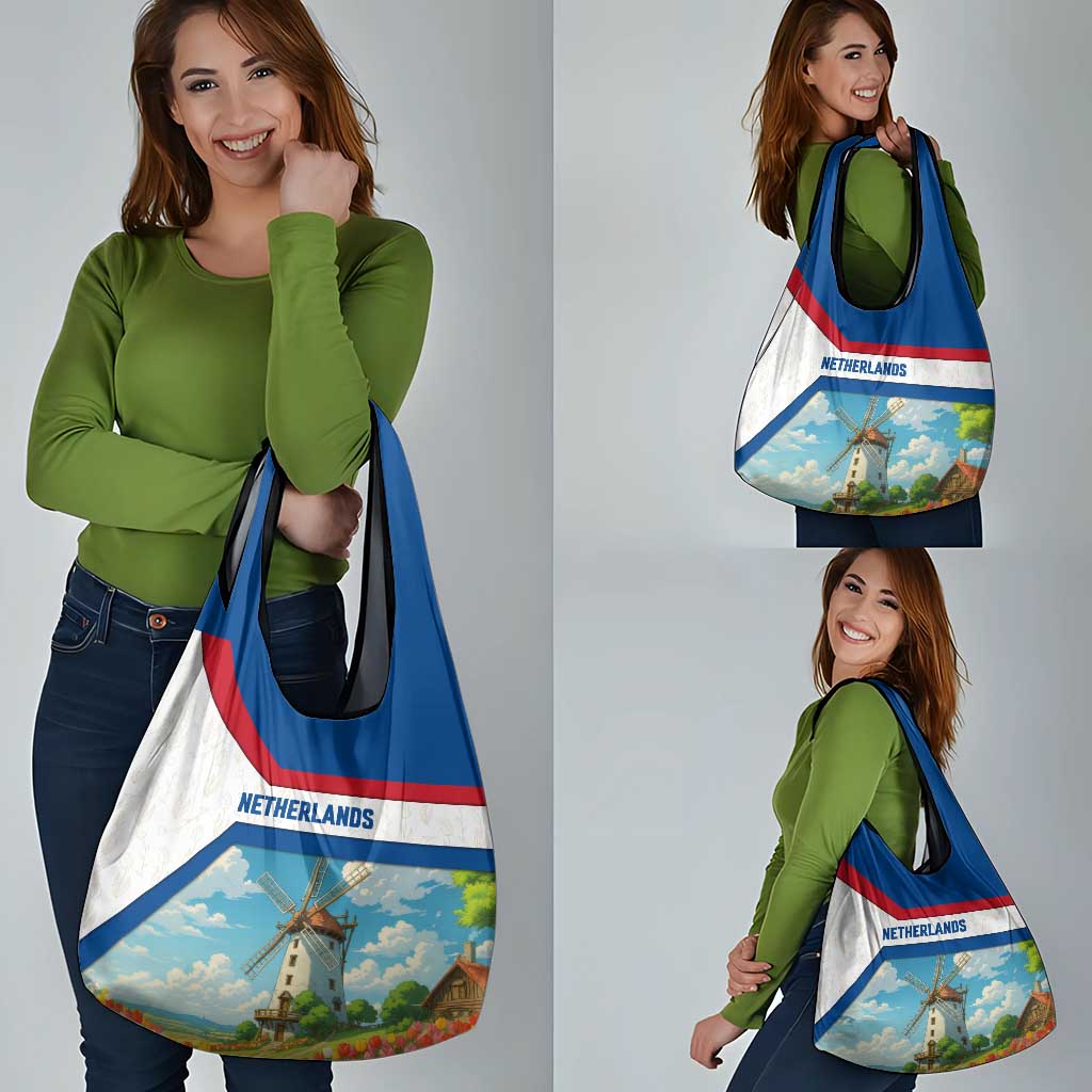 Netherlands Grocery Bag Dutch Windmill and Tulip Field Landscape in National Flag Colors - Wonder Print Shop