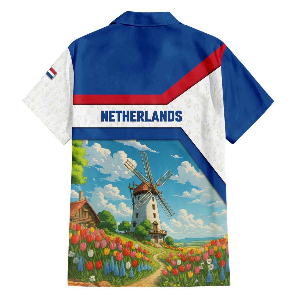 Netherlands Hawaiian Shirt Dutch Windmill and Tulip Field Landscape in National Flag Colors - Wonder Print Shop