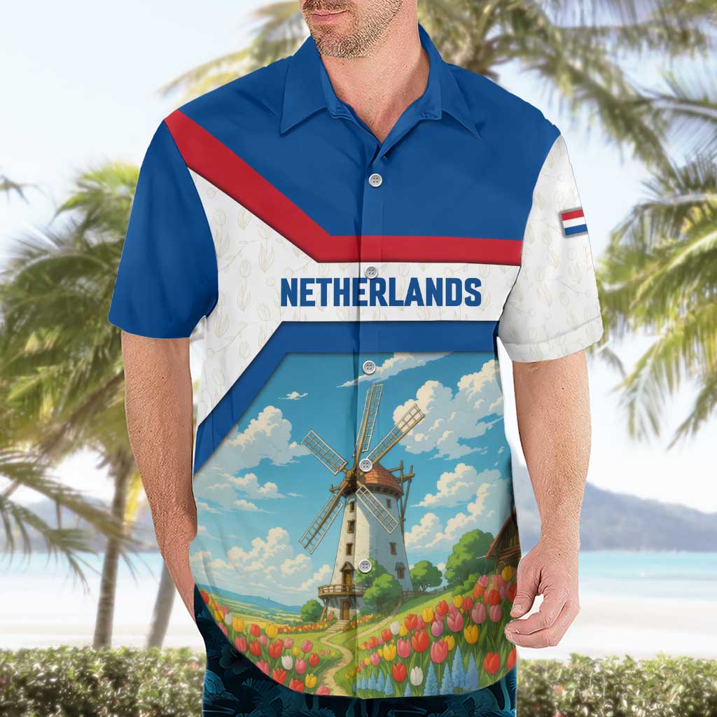 Netherlands Hawaiian Shirt Dutch Windmill and Tulip Field Landscape in National Flag Colors - Wonder Print Shop