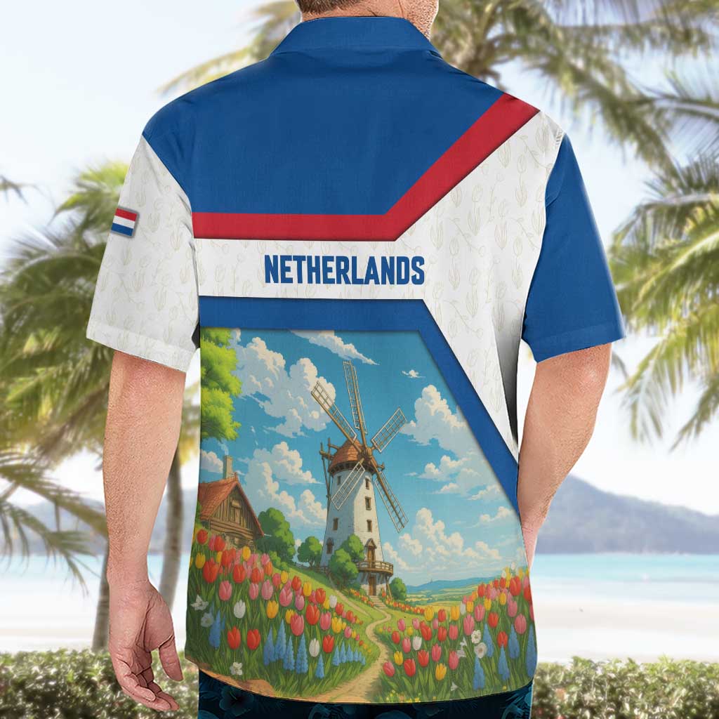 Netherlands Hawaiian Shirt Dutch Windmill and Tulip Field Landscape in National Flag Colors - Wonder Print Shop