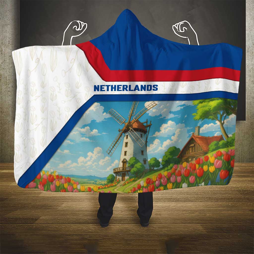 Netherlands Hooded Blanket Dutch Windmill and Tulip Field Landscape in National Flag Colors - Wonder Print Shop