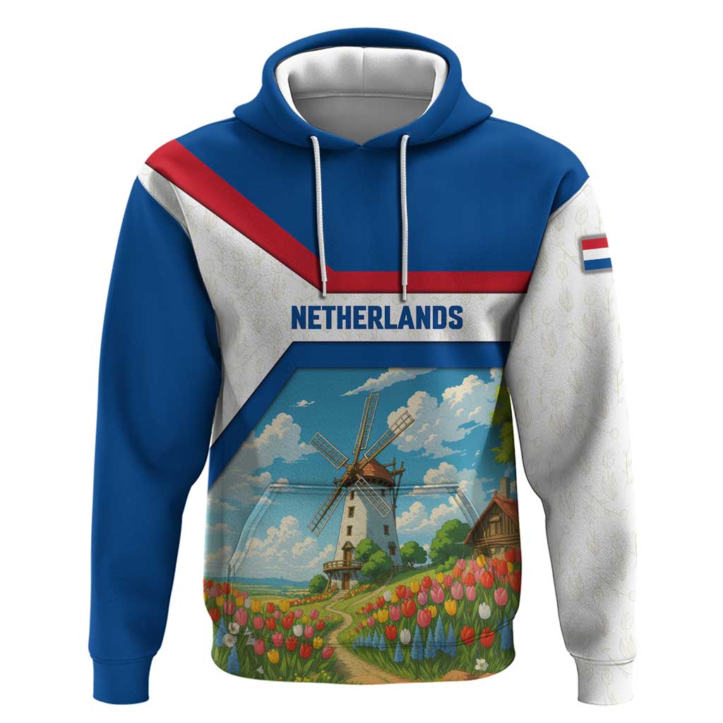 Netherlands Hoodie Dutch Windmill and Tulip Field Landscape in National Flag Colors - Wonder Print Shop