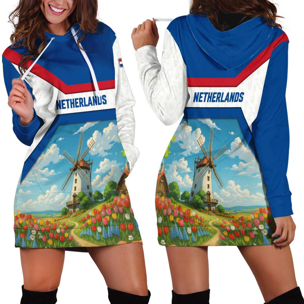Netherlands Hoodie Dress Dutch Windmill and Tulip Field Landscape in National Flag Colors - Wonder Print Shop