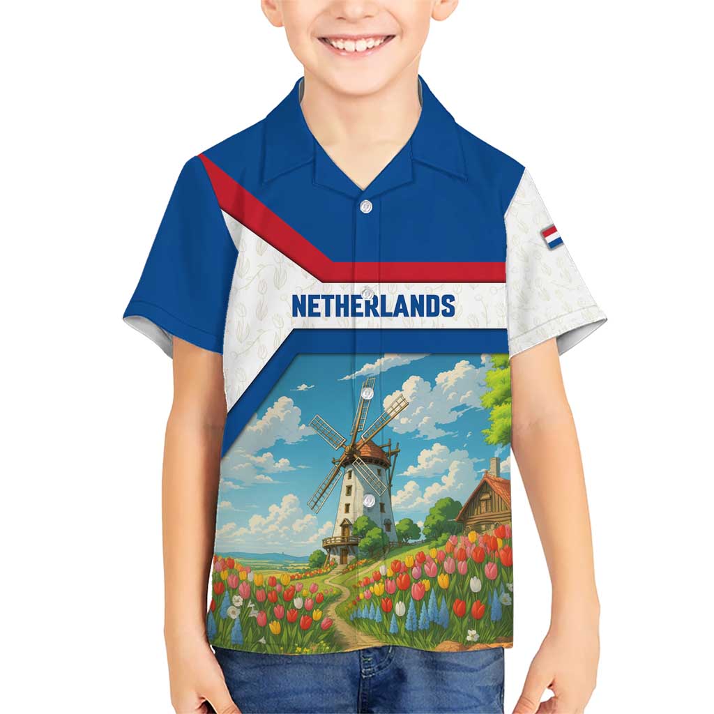 Netherlands Kid Hawaiian Shirt Dutch Windmill and Tulip Field Landscape in National Flag Colors - Wonder Print Shop