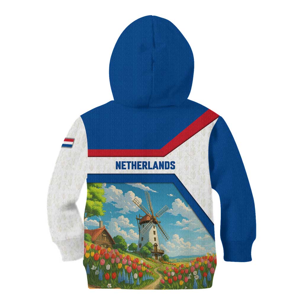 Netherlands Kid Hoodie Dutch Windmill and Tulip Field Landscape in National Flag Colors - Wonder Print Shop