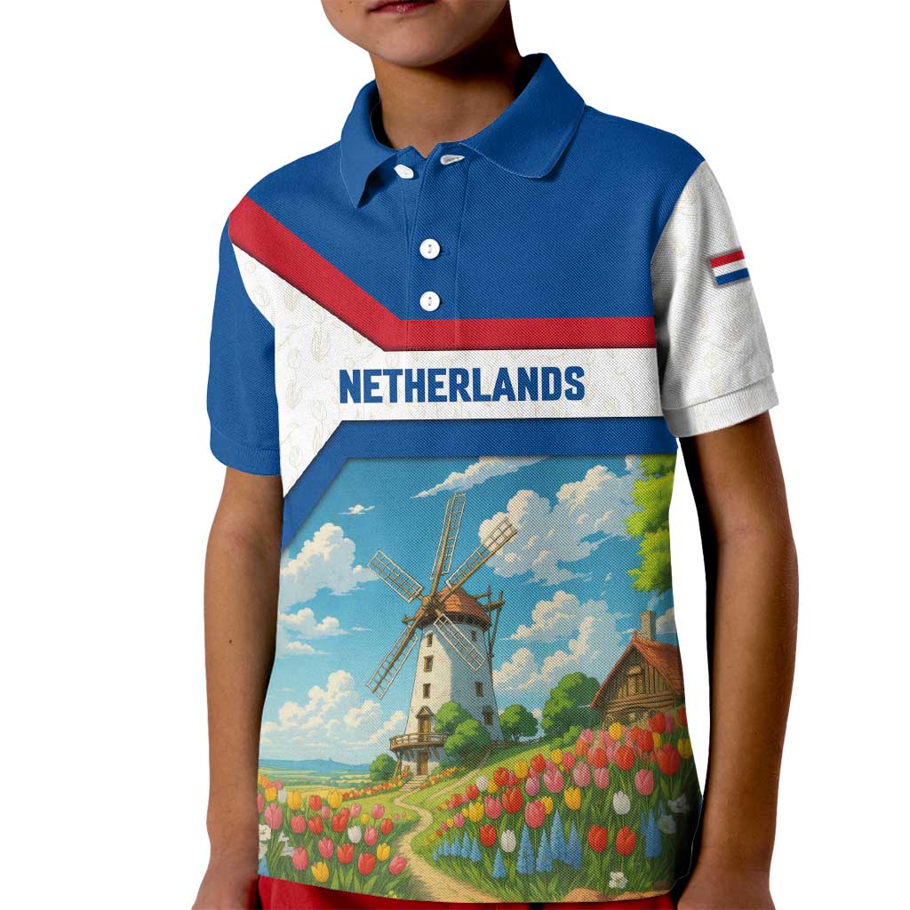 Netherlands Kid Polo Shirt Dutch Windmill and Tulip Field Landscape in National Flag Colors - Wonder Print Shop