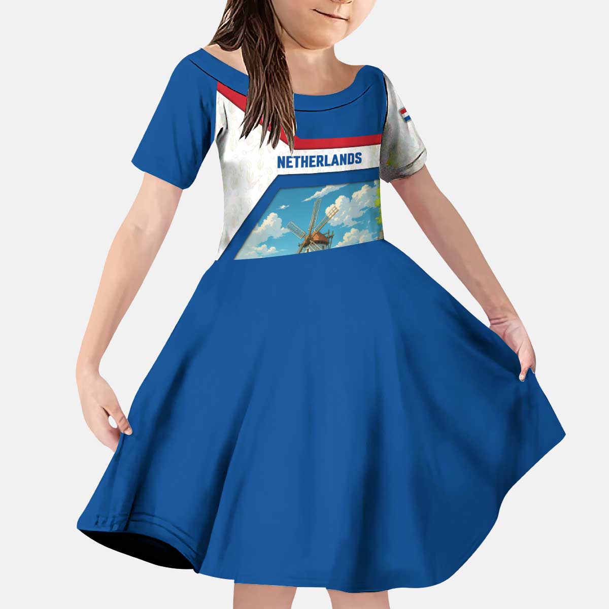 Netherlands Kid Short Sleeve Dress Dutch Windmill and Tulip Field Landscape in National Flag Colors - Wonder Print Shop
