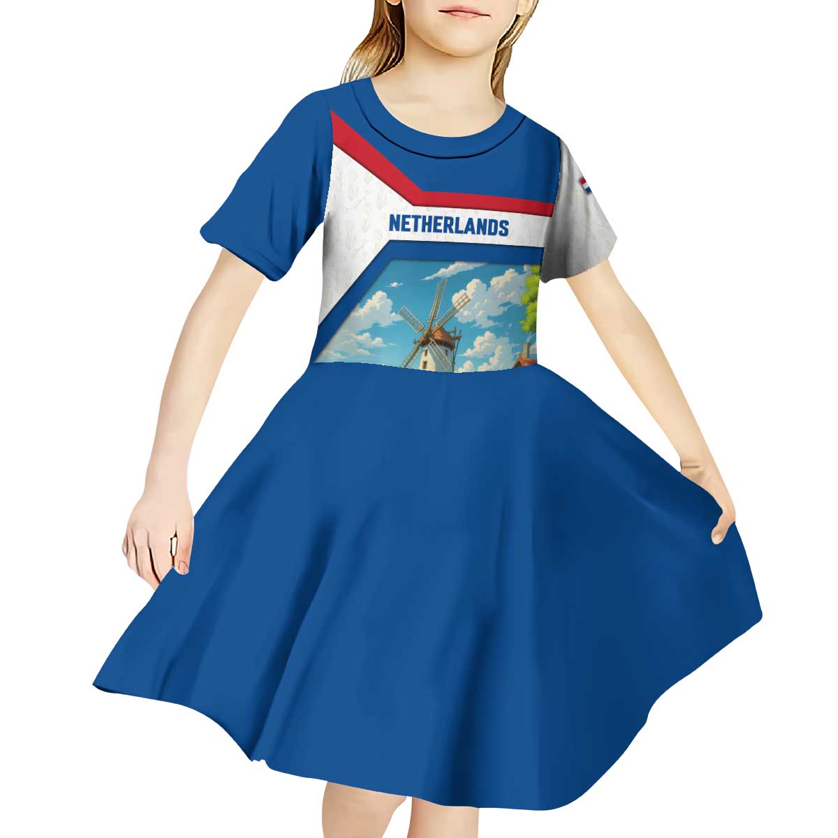 Netherlands Kid Short Sleeve Dress Dutch Windmill and Tulip Field Landscape in National Flag Colors - Wonder Print Shop