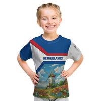 Netherlands Kid T Shirt Dutch Windmill and Tulip Field Landscape in National Flag Colors - Wonder Print Shop