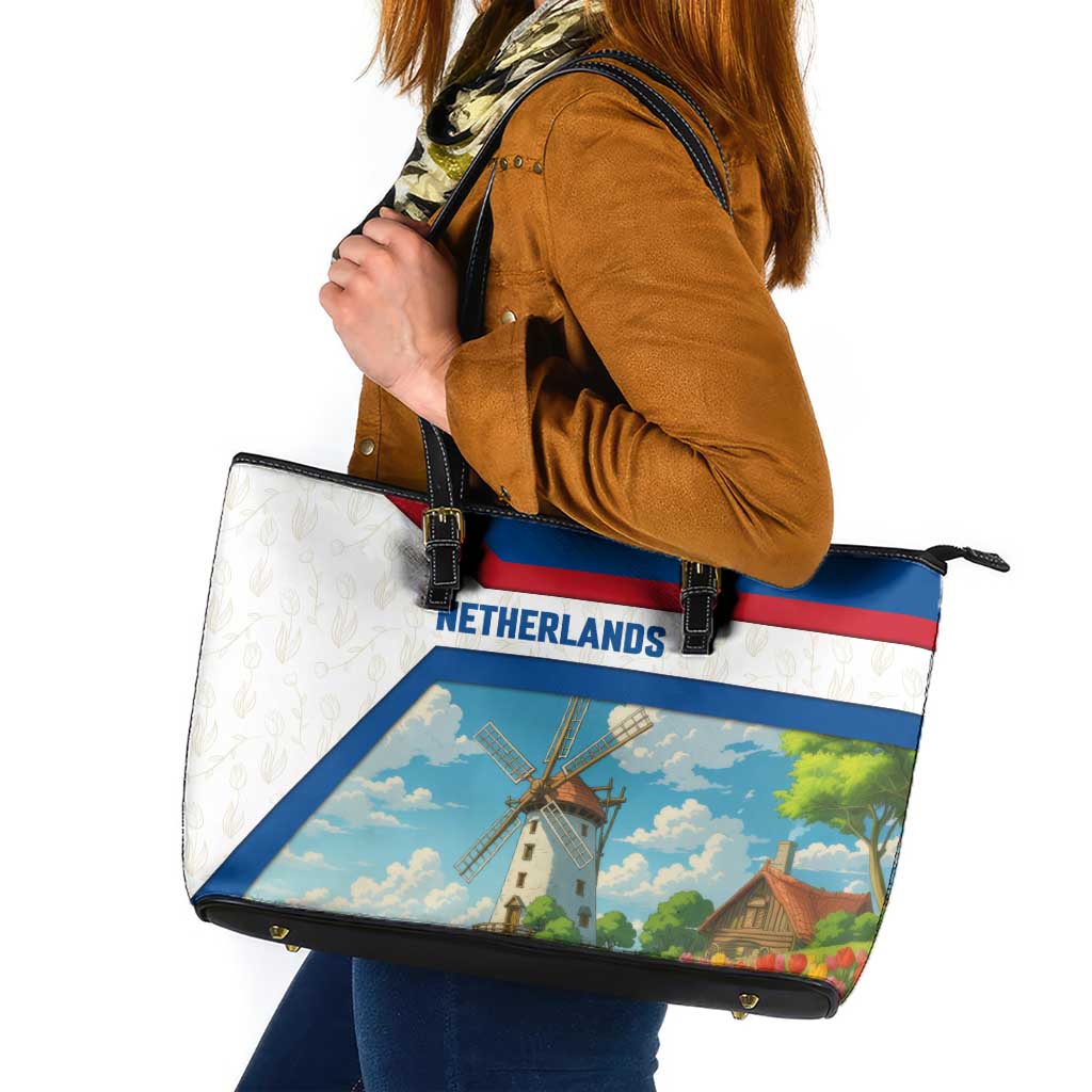 Netherlands Leather Tote Bag Dutch Windmill and Tulip Field Landscape in National Flag Colors - Wonder Print Shop