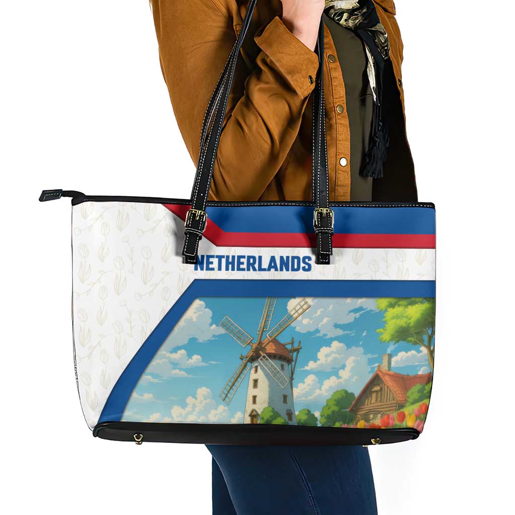 Netherlands Leather Tote Bag Dutch Windmill and Tulip Field Landscape in National Flag Colors - Wonder Print Shop