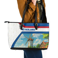 Netherlands Leather Tote Bag Dutch Windmill and Tulip Field Landscape in National Flag Colors - Wonder Print Shop
