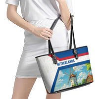 Netherlands Leather Tote Bag Dutch Windmill and Tulip Field Landscape in National Flag Colors - Wonder Print Shop