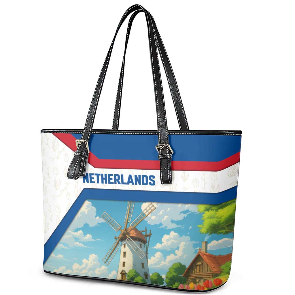 Netherlands Leather Tote Bag Dutch Windmill and Tulip Field Landscape in National Flag Colors - Wonder Print Shop