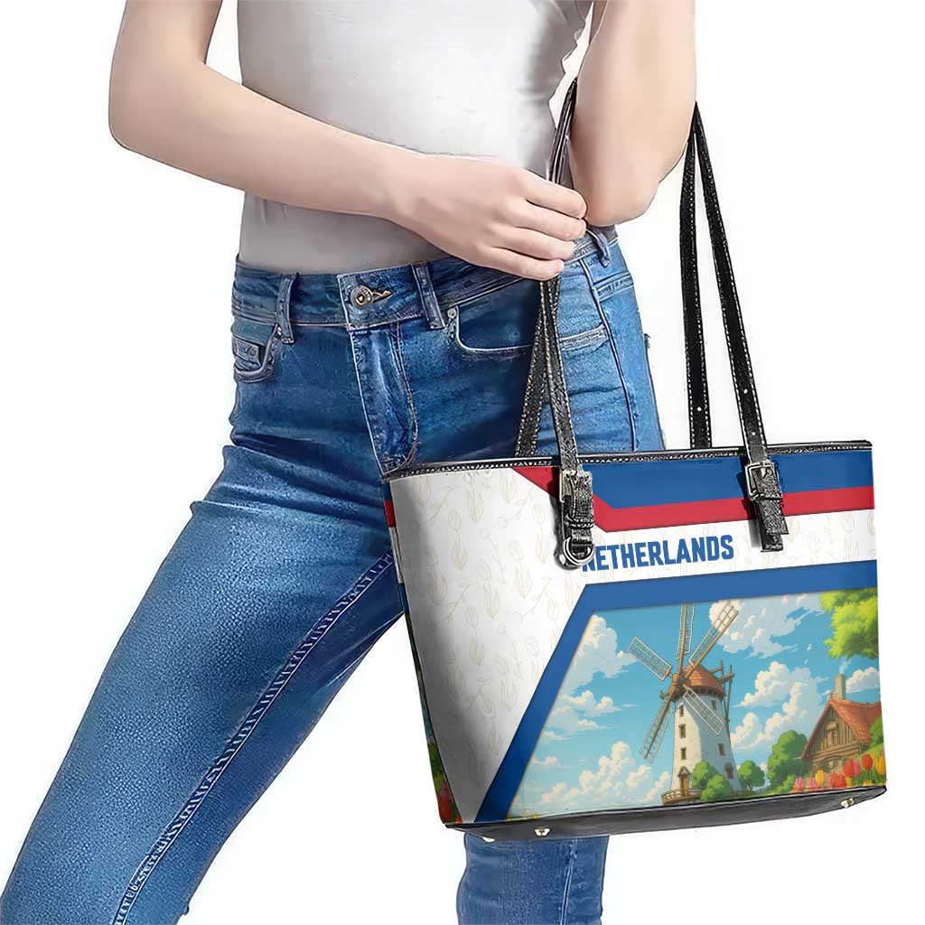 Netherlands Leather Tote Bag Dutch Windmill and Tulip Field Landscape in National Flag Colors - Wonder Print Shop