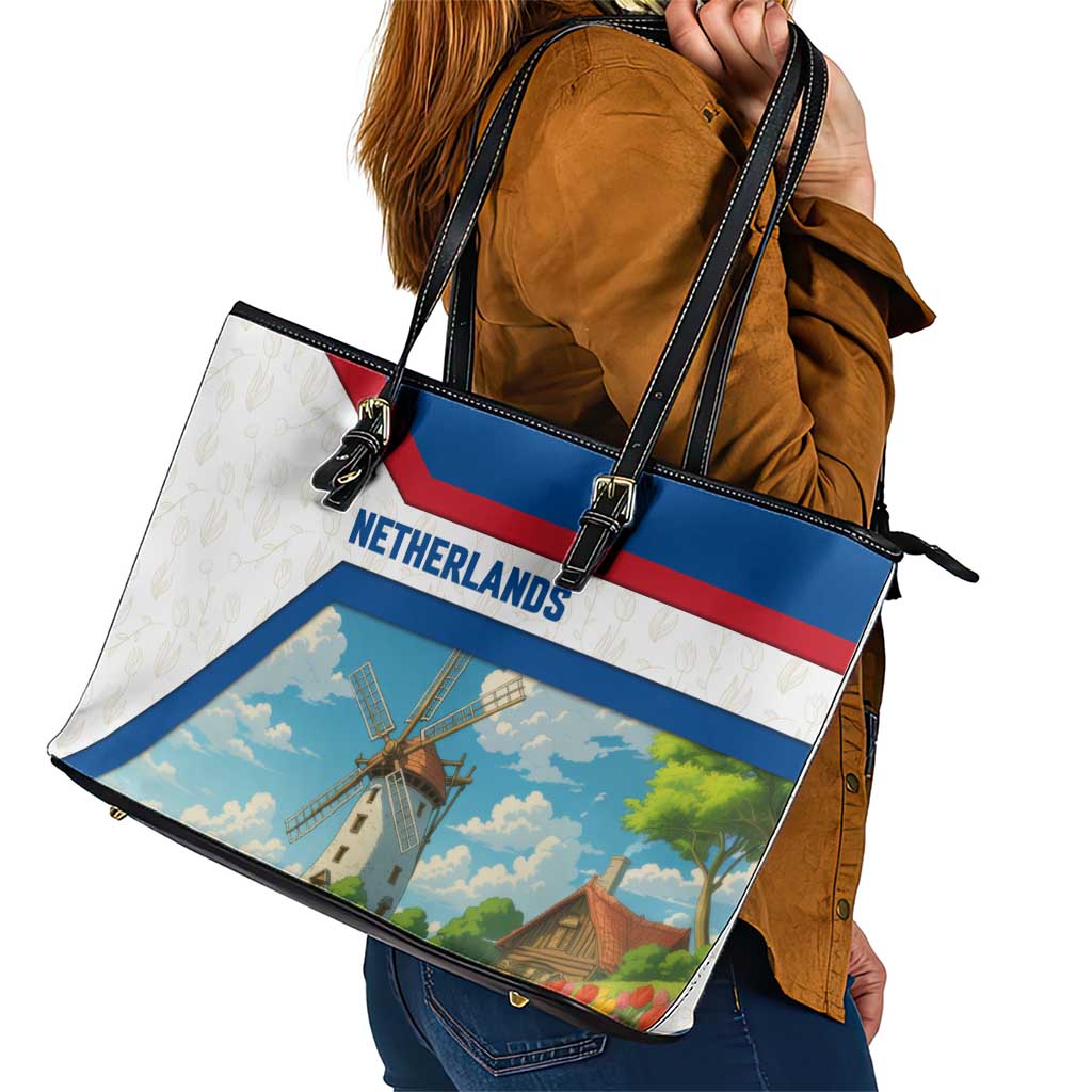 Netherlands Leather Tote Bag Dutch Windmill and Tulip Field Landscape in National Flag Colors - Wonder Print Shop