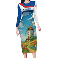 Netherlands Long Sleeve Bodycon Dress Dutch Windmill and Tulip Field Landscape in National Flag Colors - Wonder Print Shop