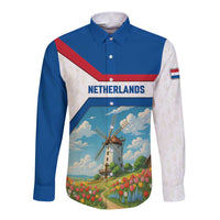Netherlands Long Sleeve Button Shirt Dutch Windmill and Tulip Field Landscape in National Flag Colors - Wonder Print Shop