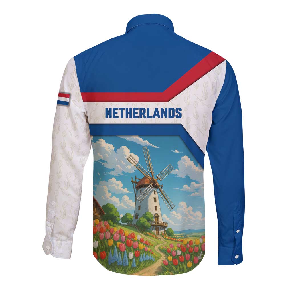 Netherlands Long Sleeve Button Shirt Dutch Windmill and Tulip Field Landscape in National Flag Colors - Wonder Print Shop