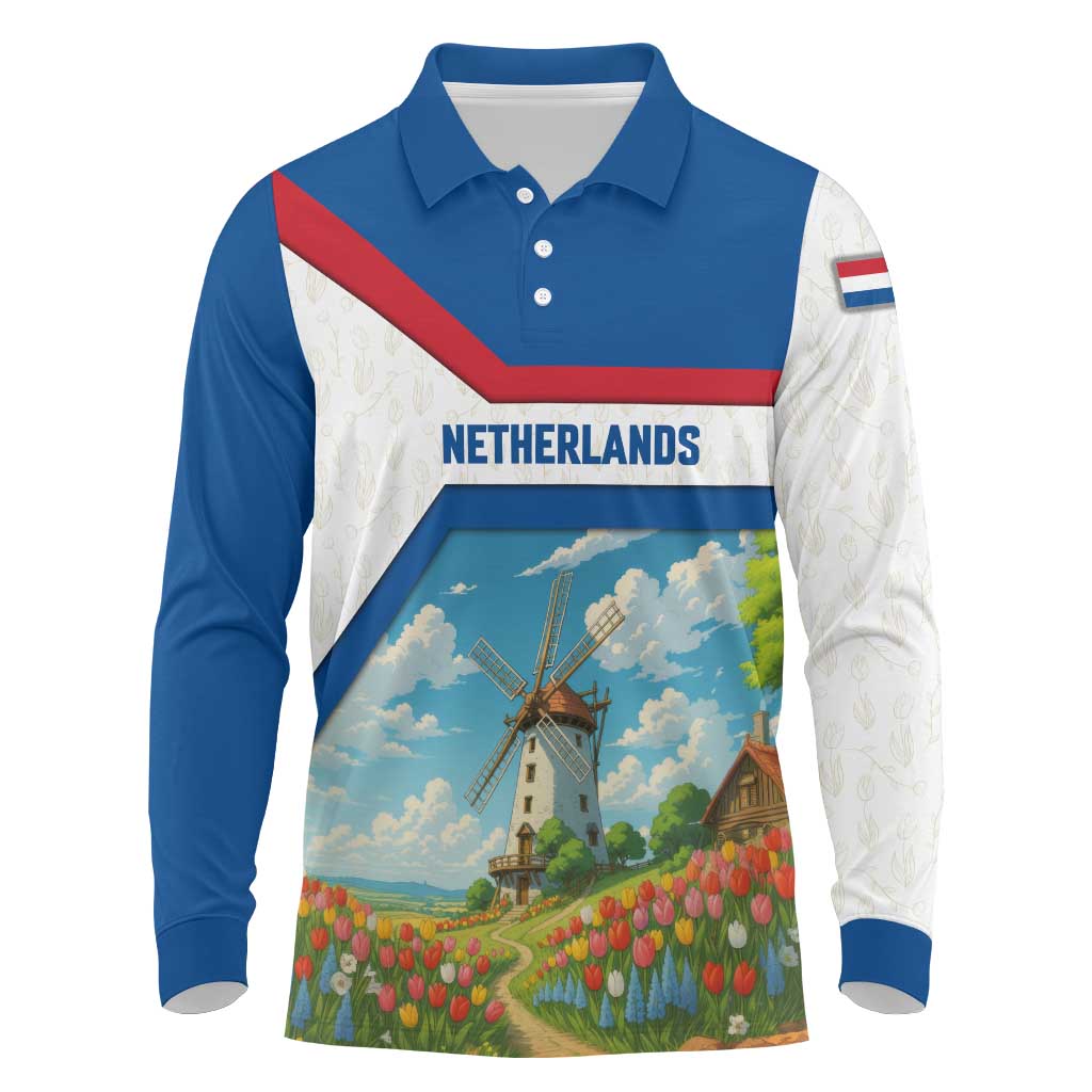 Netherlands Long Sleeve Polo Shirt Dutch Windmill and Tulip Field Landscape in National Flag Colors - Wonder Print Shop