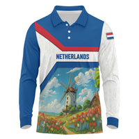 Netherlands Long Sleeve Polo Shirt Dutch Windmill and Tulip Field Landscape in National Flag Colors - Wonder Print Shop