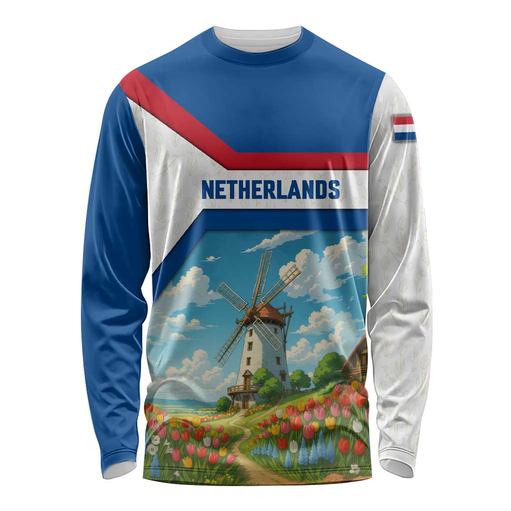 Netherlands Long Sleeve Shirt Dutch Windmill and Tulip Field Landscape in National Flag Colors - Wonder Print Shop