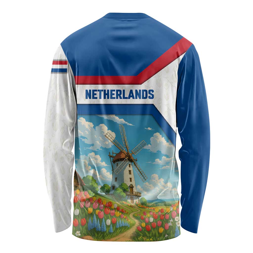 Netherlands Long Sleeve Shirt Dutch Windmill and Tulip Field Landscape in National Flag Colors - Wonder Print Shop