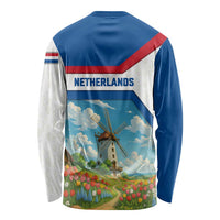 Netherlands Long Sleeve Shirt Dutch Windmill and Tulip Field Landscape in National Flag Colors - Wonder Print Shop