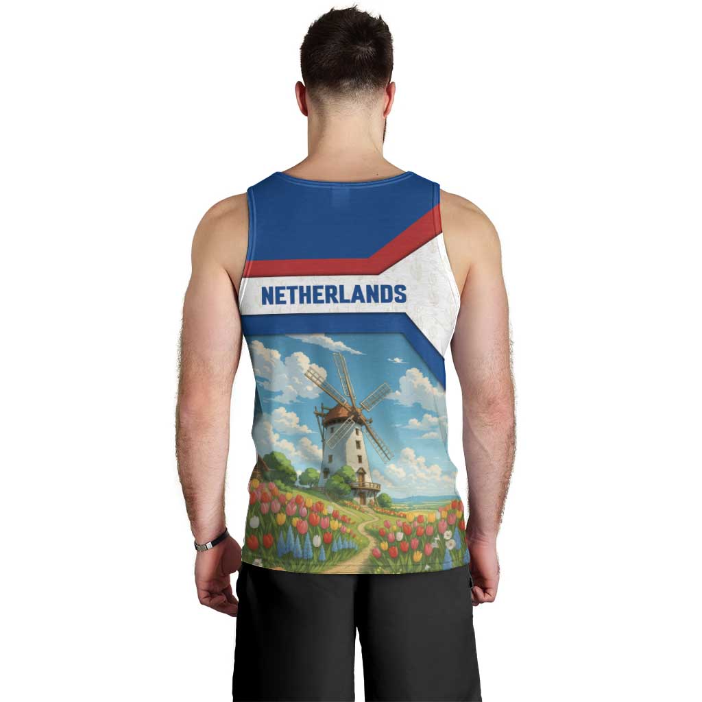 Netherlands Men Tank Top Dutch Windmill and Tulip Field Landscape in National Flag Colors - Wonder Print Shop