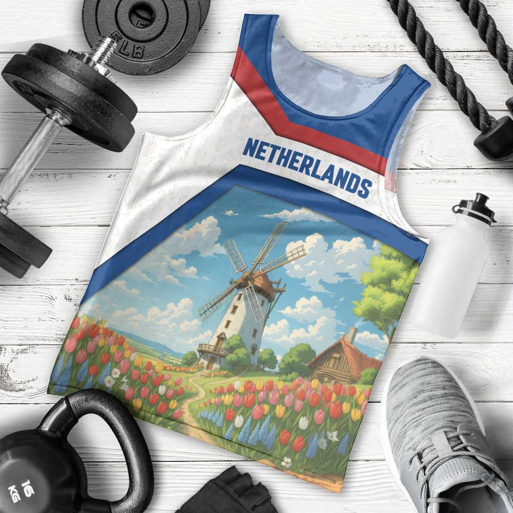 Netherlands Men Tank Top Dutch Windmill and Tulip Field Landscape in National Flag Colors - Wonder Print Shop