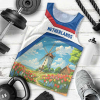 Netherlands Men Tank Top Dutch Windmill and Tulip Field Landscape in National Flag Colors - Wonder Print Shop