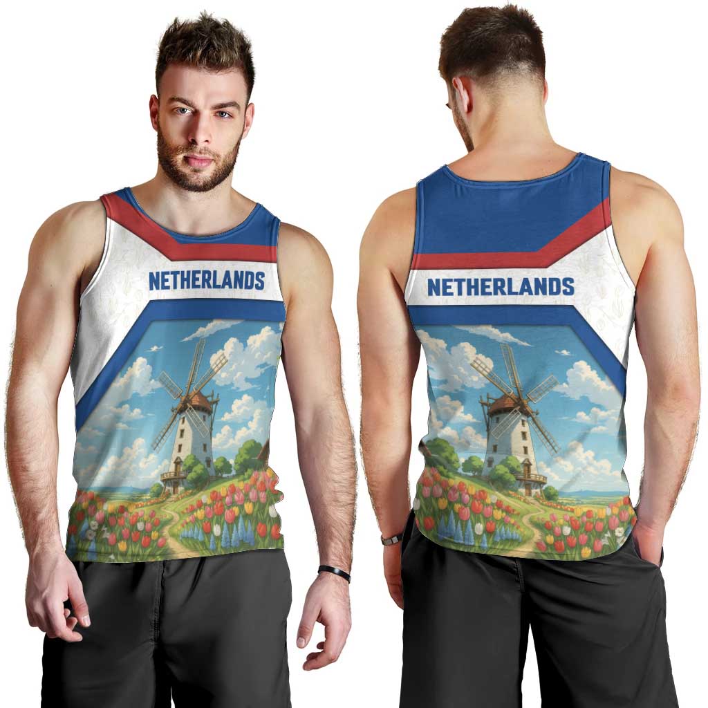 Netherlands Men Tank Top Dutch Windmill and Tulip Field Landscape in National Flag Colors - Wonder Print Shop