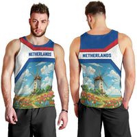 Netherlands Men Tank Top Dutch Windmill and Tulip Field Landscape in National Flag Colors - Wonder Print Shop
