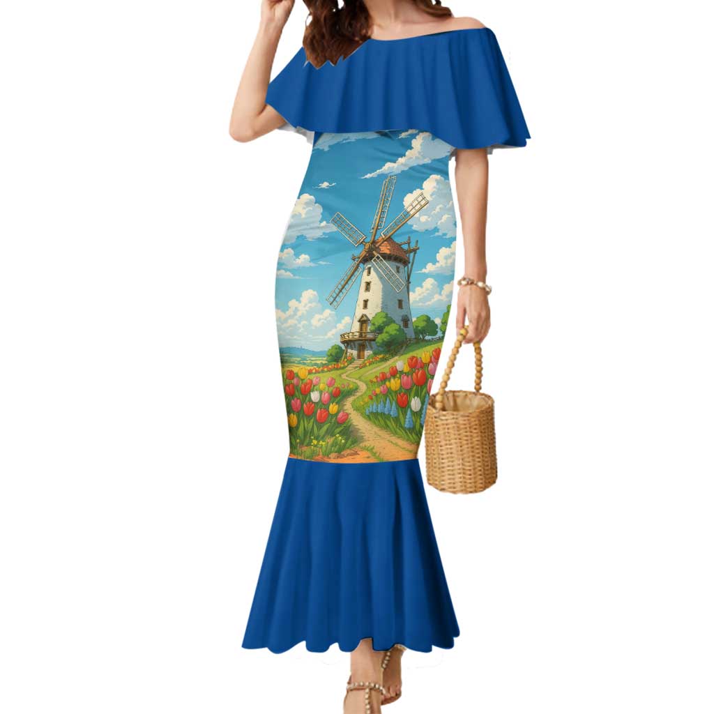 Netherlands Mermaid Dress Dutch Windmill and Tulip Field Landscape in National Flag Colors - Wonder Print Shop