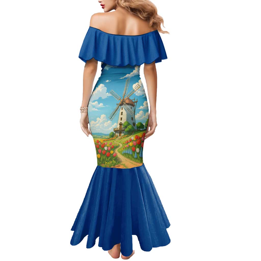 Netherlands Mermaid Dress Dutch Windmill and Tulip Field Landscape in National Flag Colors - Wonder Print Shop