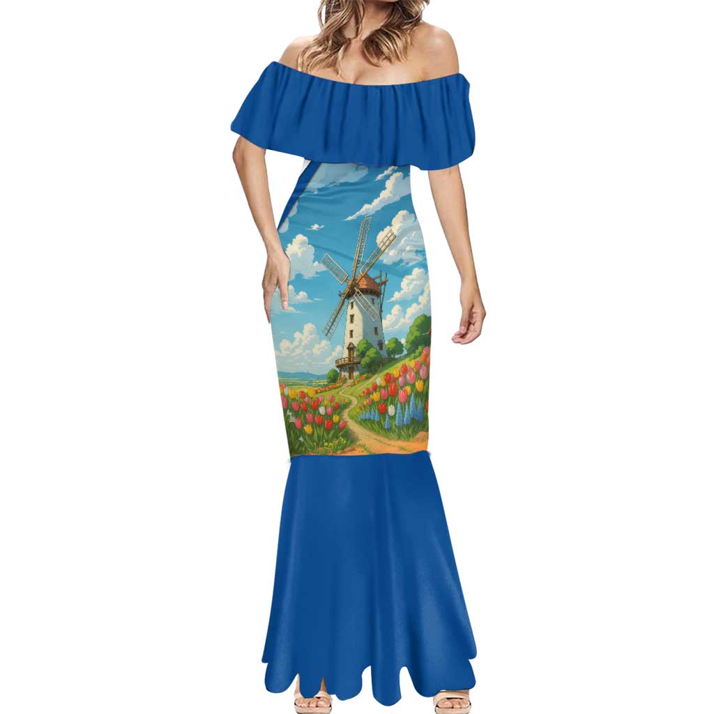 Netherlands Mermaid Dress Dutch Windmill and Tulip Field Landscape in National Flag Colors - Wonder Print Shop