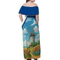 Netherlands Off Shoulder Maxi Dress Dutch Windmill and Tulip Field Landscape in National Flag Colors - Wonder Print Shop