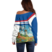 Netherlands Off Shoulder Sweater Dutch Windmill and Tulip Field Landscape in National Flag Colors - Wonder Print Shop