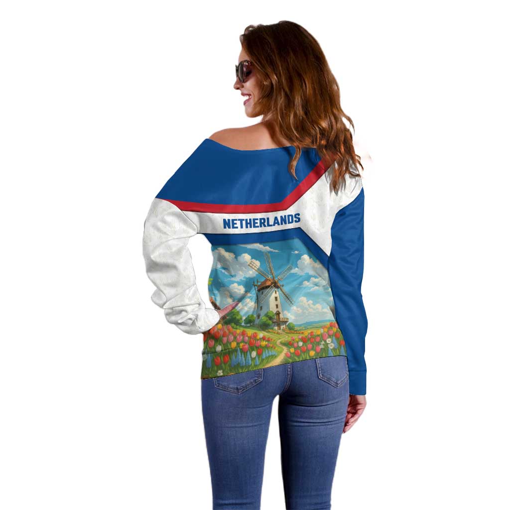 Netherlands Off Shoulder Sweater Dutch Windmill and Tulip Field Landscape in National Flag Colors - Wonder Print Shop