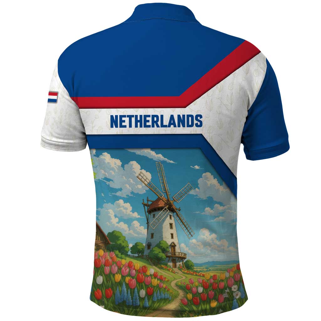 Netherlands Polo Shirt Dutch Windmill and Tulip Field Landscape in National Flag Colors - Wonder Print Shop
