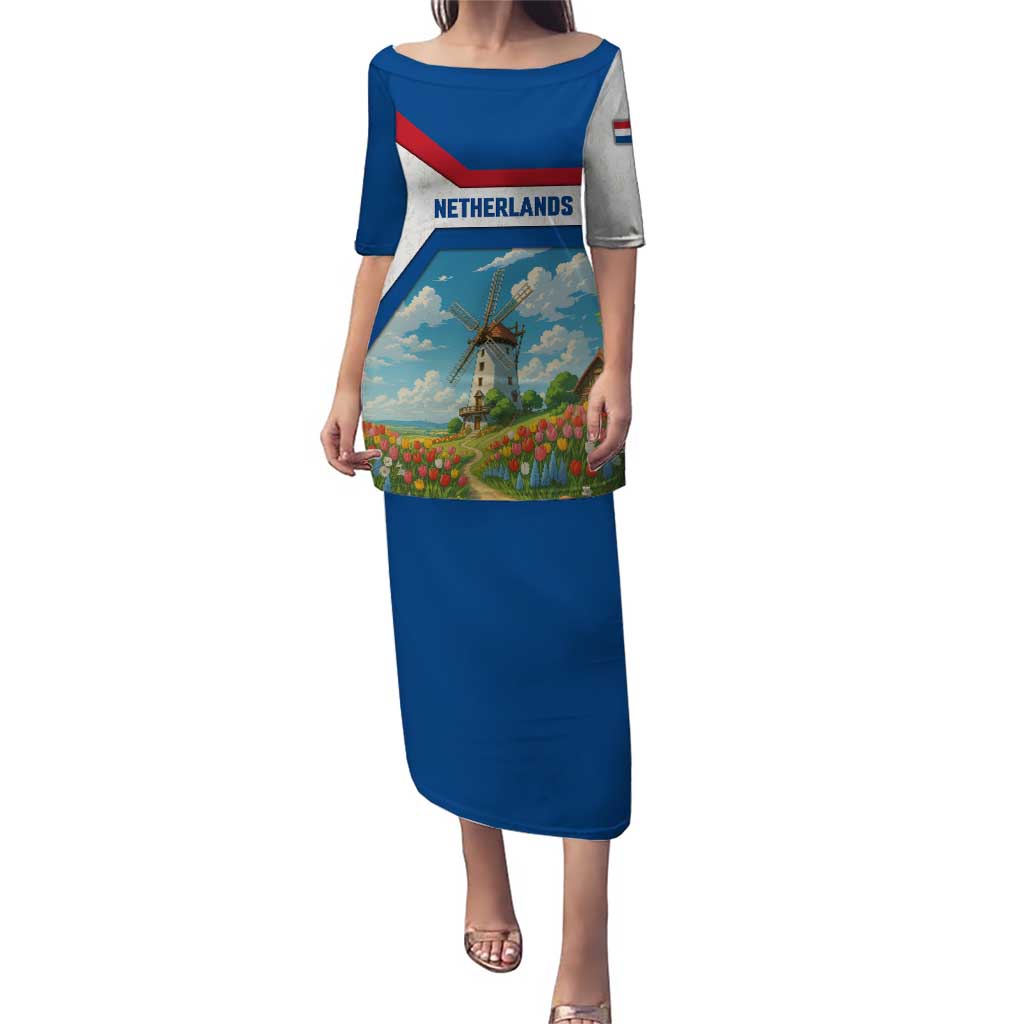 Netherlands Puletasi Dutch Windmill and Tulip Field Landscape in National Flag Colors - Wonder Print Shop